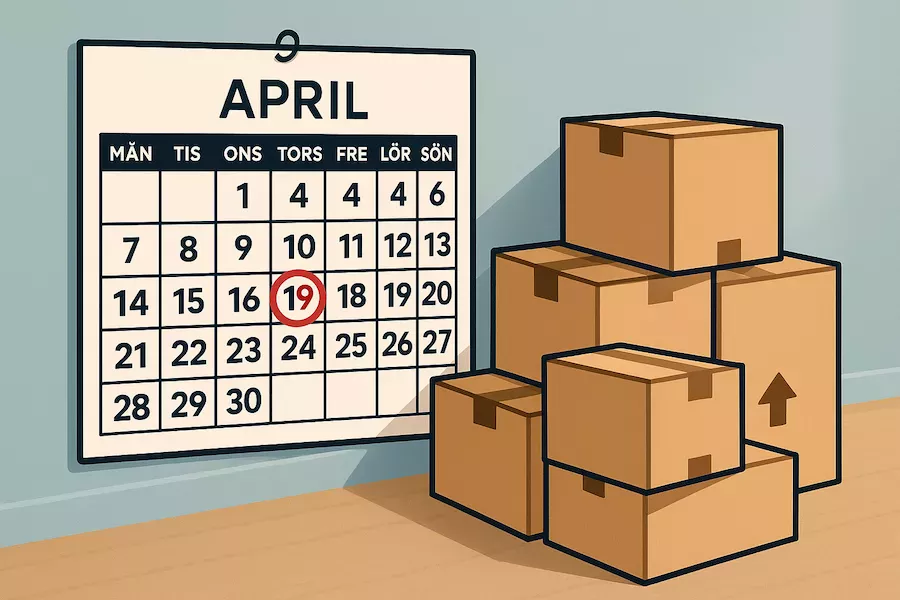Kalender och flyttkartonger för planering av flyttfirma i god tid